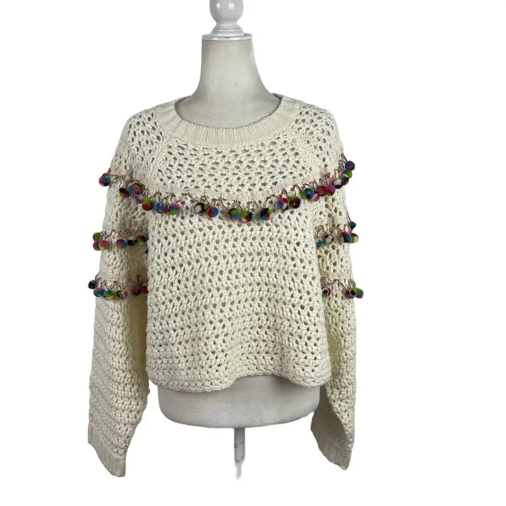 Zara Knit Chunky Pom Pom Oversized Jumper Sweater Size Small Cream